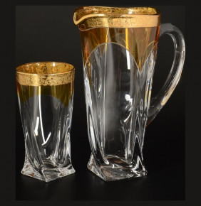Набор для воды 7 предметов (кувшин 1,1 л + 6 стаканов по 350 мл)  Crystalite Bohemia "Квадро /Амбер с золотом" / 105408