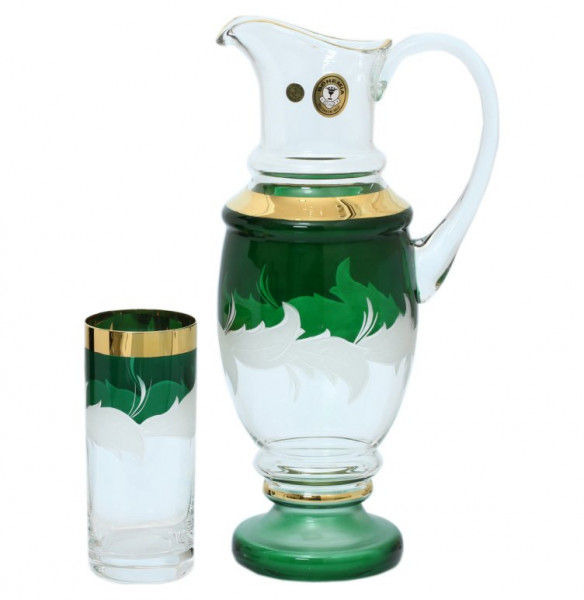 Набор для воды 7 предметов (кувшин + 6 стаканов)  Bohemia &quot;Матовые листики /Золото на зелёном&quot; E-V / 134733
