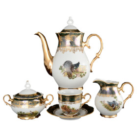 Кофейный сервиз на 6 персон 15 предметов  Bohemia Porcelan Moritz Zdekauer 1810 s.r.o. &quot;Магнолия /Охота зелёная&quot; / 038374