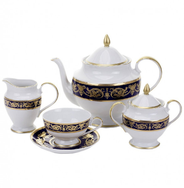 Чайный сервиз на 6 персон 15 предметов  Bavarian Porcelain &quot;Александрия /Золотой узор на синем&quot; / 070719