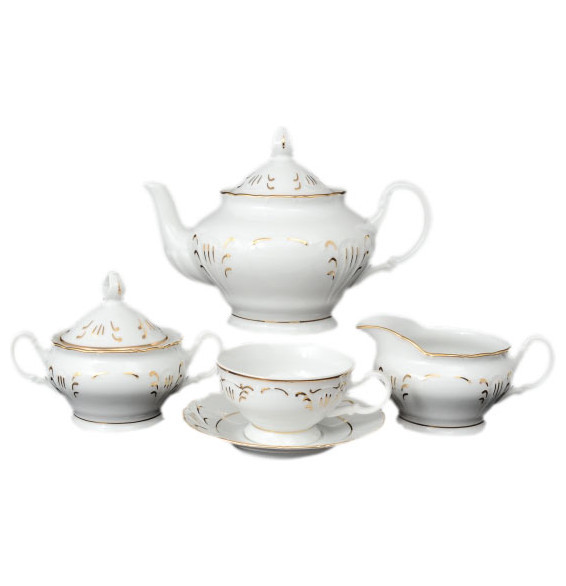 Чайный сервиз на 6 персон 15 предметов низкая чашка  Bohemia Porcelan Moritz Zdekauer 1810 s.r.o. &quot;Лиана /Золотые штрихи&quot; / 050979