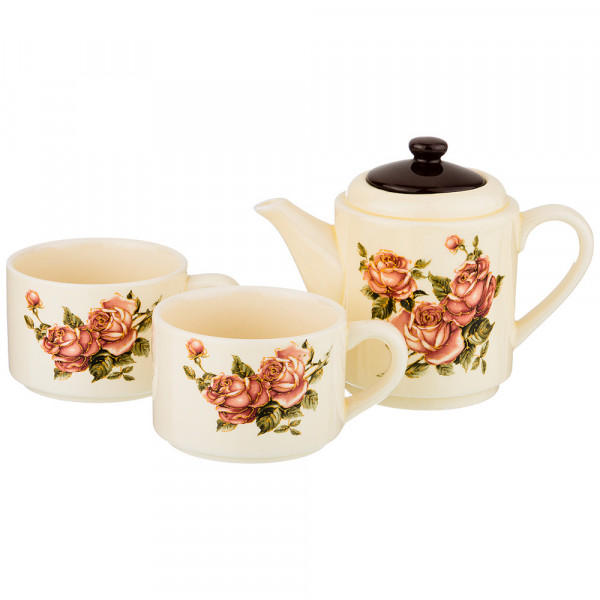 Чайный набор 3 предмета (чайник 400 мл + 2 чашка по 200 мл)  Agness &quot;Корейская роза&quot; / 190290