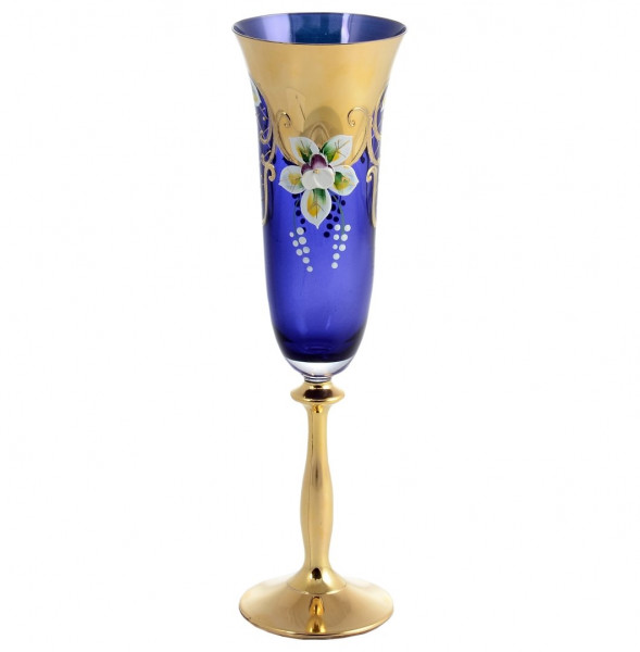 Бокалы для шампанского 190 мл 6 шт  Bohemia &quot;Анжела /Лепка синяя /AS Crystal&quot; золотая ножка / 148280