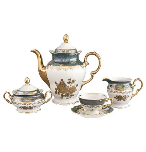 Кофейный сервиз на 6 персон 15 предметов  Royal Czech Porcelain &quot;Аляска /Золотая роза /Зеленая&quot; / 204800