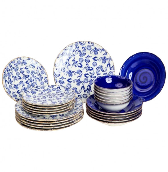 Набор тарелок 24 предмета на 6 персон  O.M.S. Collection &quot;TULU /Цветы /Реактив сине-белый&quot; микс с углублением / 296114