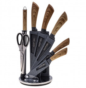 Набор кухонных ножей 6 предметов /ножницы, мусат /пластиковая подставка /коричневые ручки "Agness" / 195926