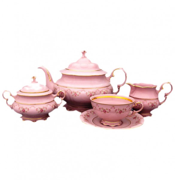 Чайный сервиз на 6 персон 15 предметов  Leander &quot;Соната /Розовый цветок&quot; розовая / 085536