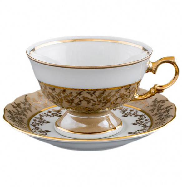 Набор чайных пар 200 мл 6 шт  Royal Czech Porcelain &quot;Аляска /Бежевая /Золотые листики&quot; / 203848