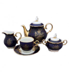 Чайный сервиз на 6 персон 15 предметов  Bohemia Porcelan Moritz Zdekauer 1810 s.r.o. "Офелия /Кобальт /Золотая роза" / 027461