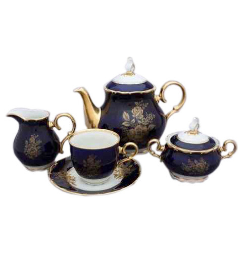 Чайный сервиз на 6 персон 15 предметов  Bohemia Porcelan Moritz Zdekauer 1810 s.r.o. &quot;Офелия /Кобальт /Золотая роза&quot; / 027461