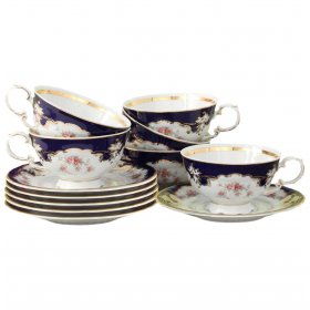 Набор чайных пар 200 мл 6 шт низкие  Leander &quot;Соната /Бледные цветы /Кобальт&quot; / 158304
