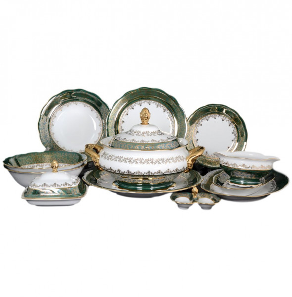 Столовый сервиз на 6 персон 27 предметов  Royal Czech Porcelain &quot;Фредерика /Зелёная /Золотые листики&quot; / 086864