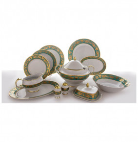 Столовый сервиз на 6 персон 25 предметов  Bavarian Porcelain "Александрия /Золотой узор на зеленом" / 118255