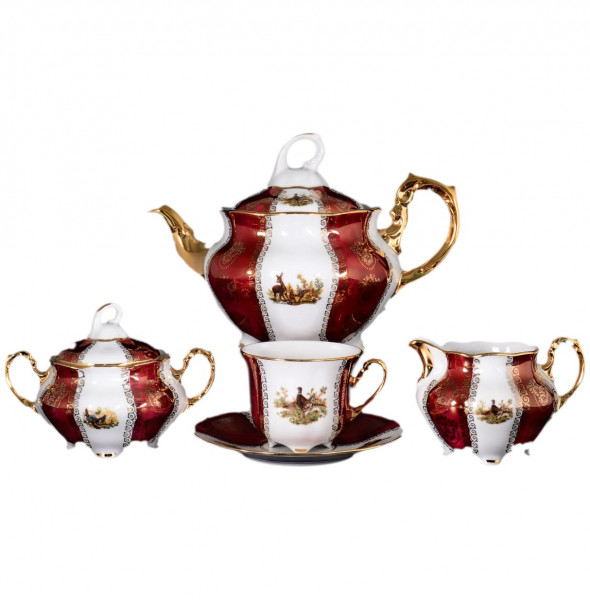 Чайный сервиз на 6 персон 15 предметов  Royal Czech Porcelain &quot;Болеро /Охота красная&quot; / 086877