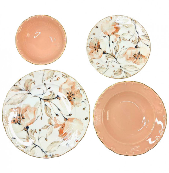 Набор тарелок 24 предмета на 6 персон  O.M.S. Collection &quot;TULU /Цветы /Персиковый и белый&quot; (с углублением) / 288913