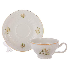 Набор чайных пар 220 мл 6 шт низкие н/н  Thun &quot;Бернадотт /Белые розы /золото&quot; / 166541