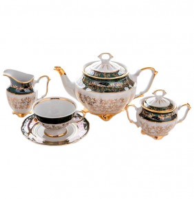 Чайный сервиз на 6 персон 15 предметов  Bavarian Porcelain "Мария-Тереза /Зелёная /Золотые листики" / 064372