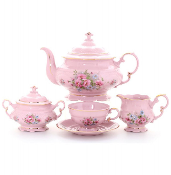 Чайный сервиз на 6 персон 15 предметов  Leander &quot;Соната /Цветы&quot; розовый / 158073