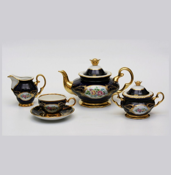 Чайный сервиз на 6 персон 15 предметов  Bohemia Porcelan Moritz Zdekauer 1810 s.r.o. &quot;Анжелика /Цветы /Кобальт&quot; / 027672