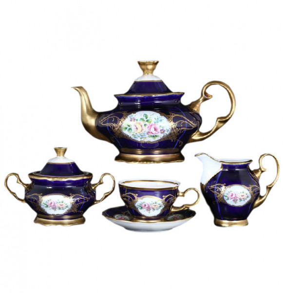 Чайный сервиз на 6 персон 15 предметов  Bohemia Porcelan Moritz Zdekauer 1810 s.r.o. &quot;Анжелика /Цветы /Кобальт&quot; / 027672