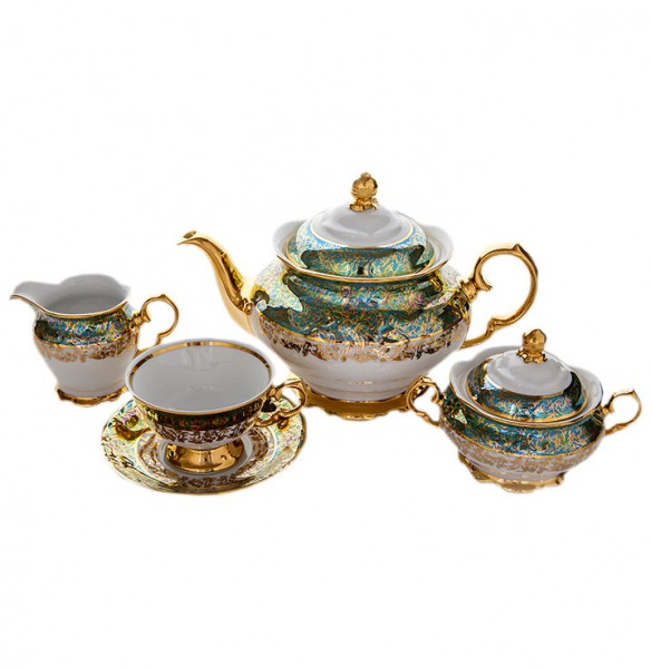 Чайный сервиз на 6 персон 15 предметов  МаМ декор &quot;Фредерика /Золотые листики на зелёном&quot; / 001899