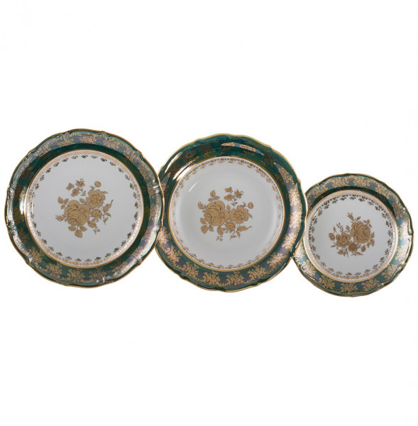 Набор тарелок 18 предметов (19, 23, 25 см)  Royal Czech Porcelain &quot;Мария-Тереза /Золотая роза /Зеленая&quot; / 204424