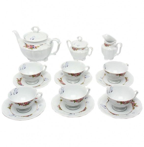 Чайный сервиз на 6 персон 15 предметов  Cmielow &quot;Мария-Тереза /Цветы и бабочки&quot; / 061475