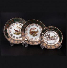 Набор тарелок 18 предметов (19, 23, 25 см)  Bohemia Porcelan Moritz Zdekauer 1810 s.r.o. "Магнолия /Охота зелёная" / 038362