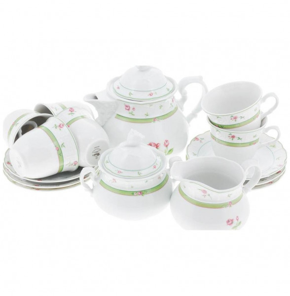 Чайный сервиз на 6 персон 15 предметов  Thun &quot;Менуэт /Роза /зеленая отводка&quot; / 159282