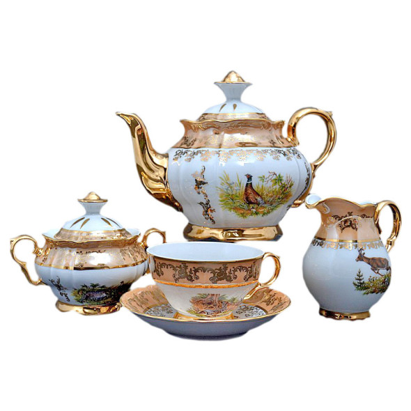 Чайный сервиз на 6 персон 15 предметов  Bohemia Porcelan Moritz Zdekauer 1810 s.r.o. &quot;Магнолия /Охота бежевая&quot; / 047701