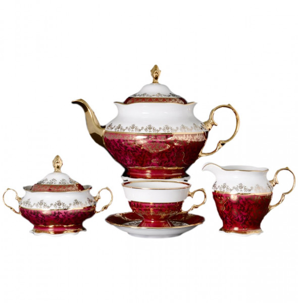 Чайный сервиз на 6 персон 15 предметов  Royal Czech Porcelain &quot;Фредерика /Красная /Золотые листики&quot; / 086869