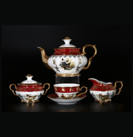 Чайный сервиз на 6 персон 15 предметов  Bohemia Porcelan Moritz Zdekauer 1810 s.r.o. &quot;Магнолия /Охота красная&quot; / 038345