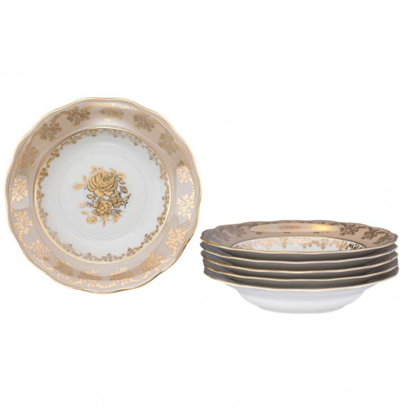 Набор тарелок 24 см 6 шт глубокие  Royal Czech Porcelain &quot;Мария-Тереза /Золотая роза /Бежевая&quot; / 203565