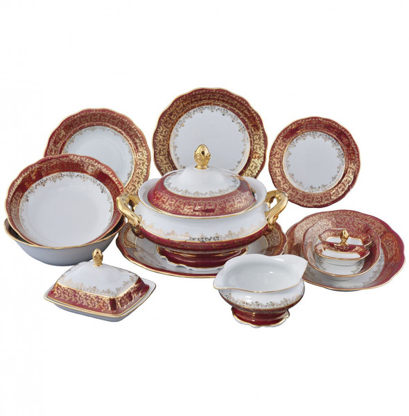 Столовый сервиз на 6 персон 27 предметов  Royal Czech Porcelain &quot;Фредерика /Красная /Золотые листики&quot; / 086868