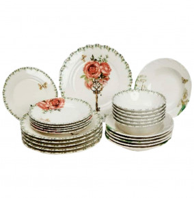 Набор тарелок 24 предмета на 6 персон  O.M.S. Collection "TULU /Цветы и ключик" микс с резным борт и углублением / 296118