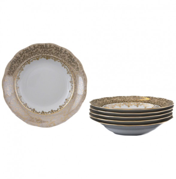 Набор тарелок 24 см 6 шт глубокие  Royal Czech Porcelain &quot;Аляска /Бежевая /Золотые листики&quot; / 203841
