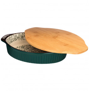 Блюдо для запекания 31 х 20,5 х 6 см с деревянной крышкой-доской зелёное  Agness "Цветочный узор" / 230264