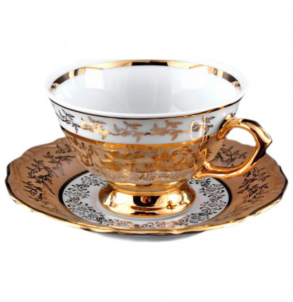 Набор чайных пар 200 мл 6 шт  МаМ декор &quot;Фредерика /Золотые листики на бежевом&quot; / 001865