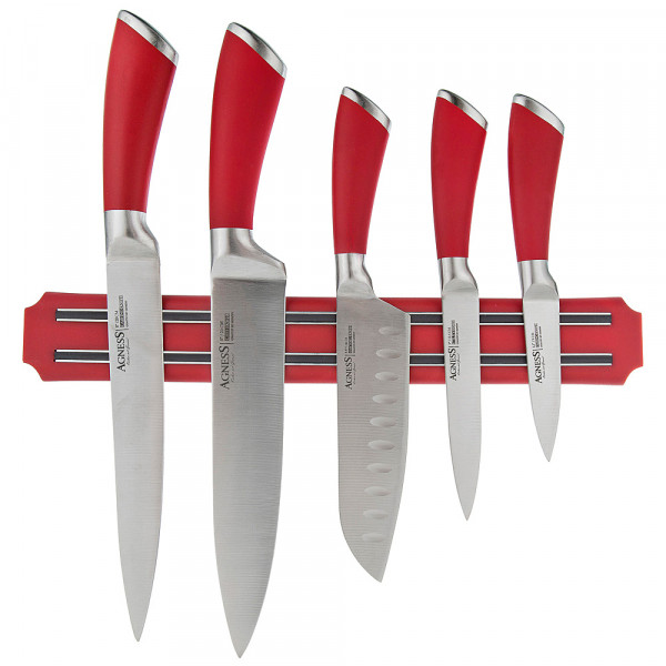 Набор кухонных ножей 6 предметов на магнитном держателе красные &quot;Agness&quot; / 198951