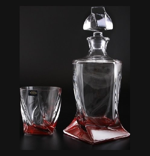 Набор для виски 7 предметов (графин 850 мл + 6 стаканов по 340 мл)  Crystalite Bohemia &quot;Квадро /Красное дно&quot; / 096048