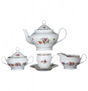 Чайный сервиз на 6 персон 15 предметов высокая чашка  Bohemia Porcelan Moritz Zdekauer 1810 s.r.o. "Лиана /Весенний букет /отводка золото" / 049498