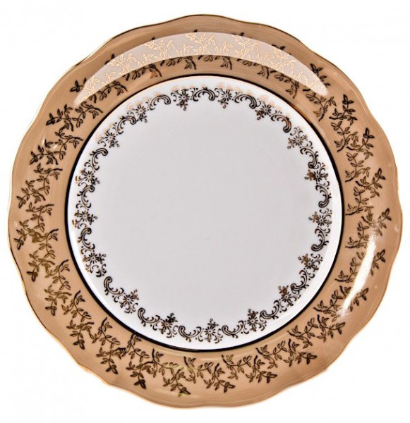 Набор тарелок 24 см 6 шт  Bavarian Porcelain &quot;Мария-Тереза /Бежевая /Золотые листики&quot; / 012152