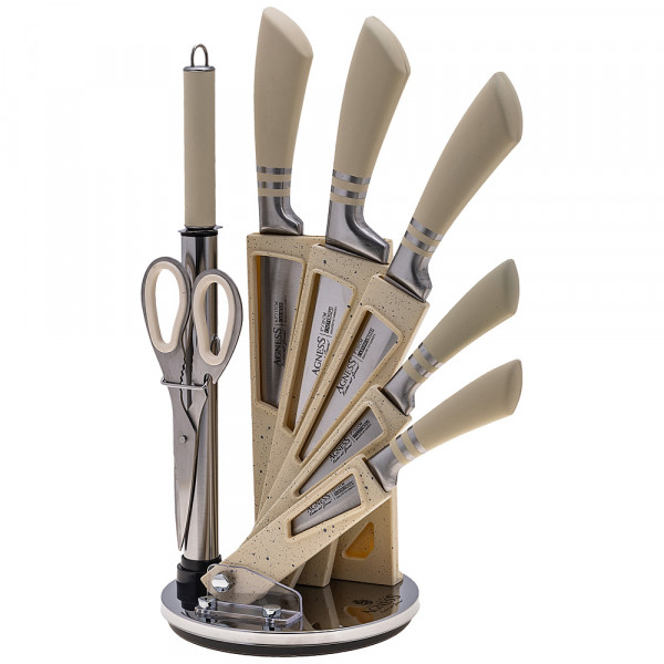 Набор кухонных ножей 6 предметов /ножницы, мусат /пластиковая подставка /бежевые ручки &quot;Agness&quot; / 195929