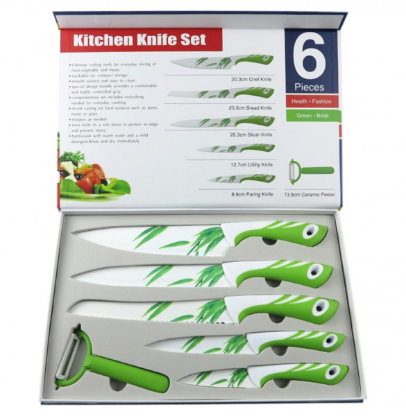 Набор ножей для кухни 5 шт (9, 13, 20, 20, 20 см и овощечистка) зелёно-белые, керам. покрытие / 075529