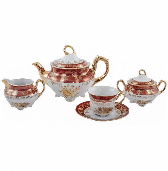 Чайный сервиз на 6 персон 15 предметов  Royal Czech Porcelain &quot;Болеро /Золотая роза /Красная&quot; / 204675