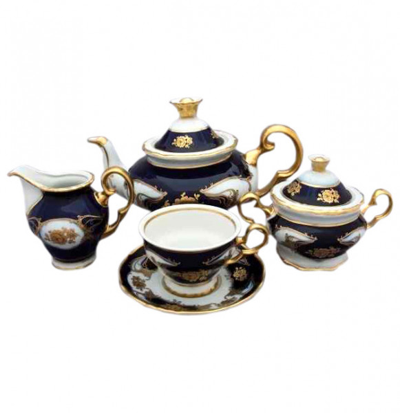 Чайный сервиз на 6 персон 15 предметов  Bohemia Porcelan Moritz Zdekauer 1810 s.r.o. &quot;Анжелика /Золотые розы /Кобальт&quot; / 035926