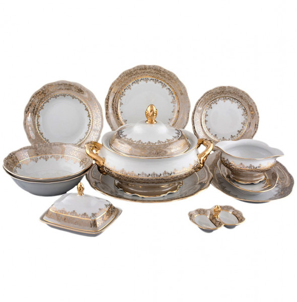 Столовый сервиз на 6 персон 27 предметов  Royal Czech Porcelain &quot;Аляска /Бежевая /Золотые листики&quot; / 203847