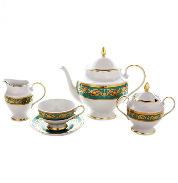 Чайный сервиз на 6 персон 15 предметов  Bavarian Porcelain &quot;Александрия /Золотой узор на зеленом&quot; / 118256