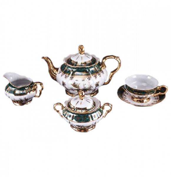 Чайный сервиз на 6 персон 15 предметов  Bohemia Porcelan Moritz Zdekauer 1810 s.r.o. &quot;ГР /Охота зелёная&quot; / 038376