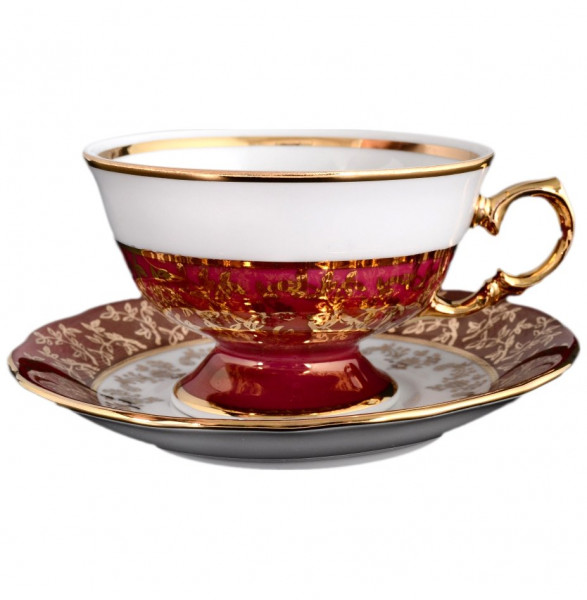 Набор чайных пар 220 мл 6 шт  Royal Czech Porcelain &quot;Фредерика /Красная /Золотые листики&quot; / 088754